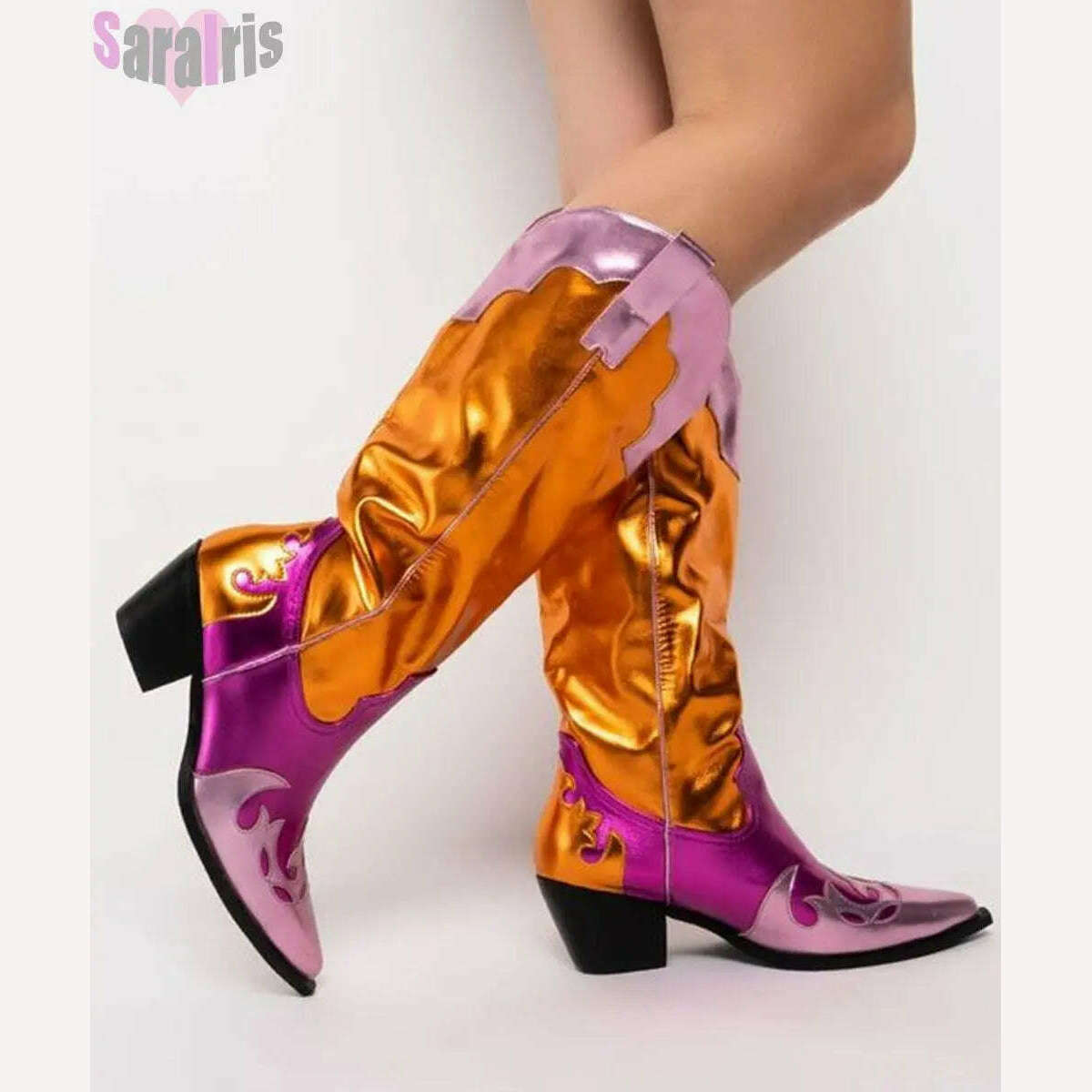 KIMLUD, Fashion Women Cowboy Boots For Women Chunky Heels Metal Colorful Cowgirl Western Mid Calf Boots Woman Vintage Shoes Plus Size, KIMLUD Womens Clothes