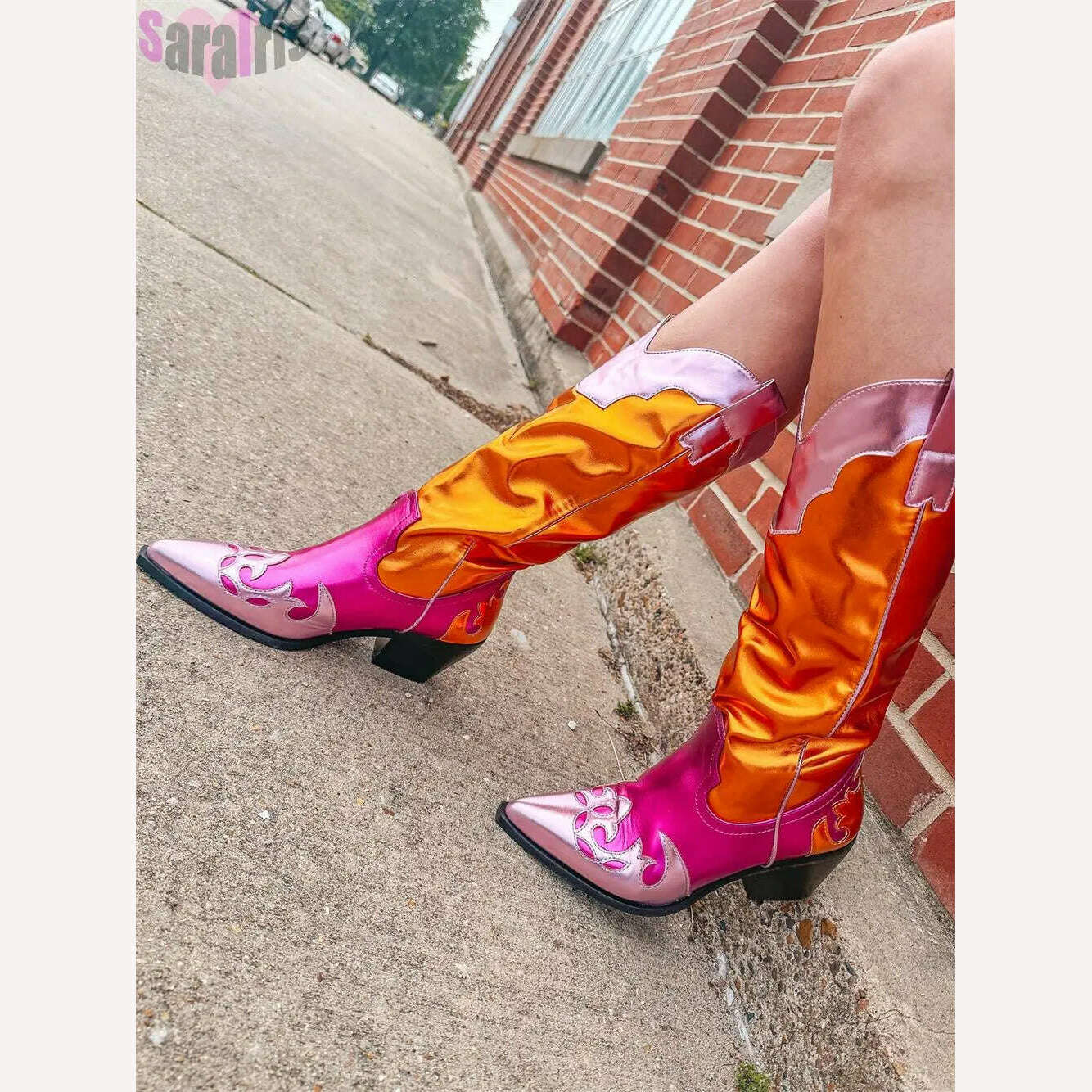 KIMLUD, Fashion Women Cowboy Boots For Women Chunky Heels Metal Colorful Cowgirl Western Mid Calf Boots Woman Vintage Shoes Plus Size, KIMLUD Womens Clothes