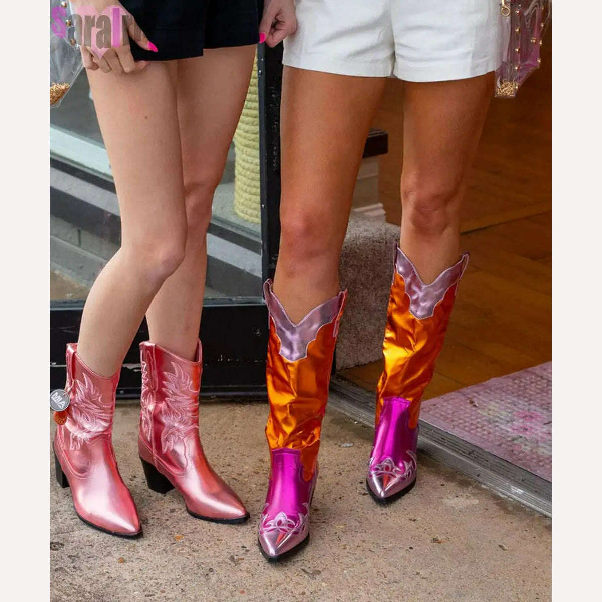 KIMLUD, Fashion Women Cowboy Boots For Women Chunky Heels Metal Colorful Cowgirl Western Mid Calf Boots Woman Vintage Shoes Plus Size, KIMLUD Womens Clothes
