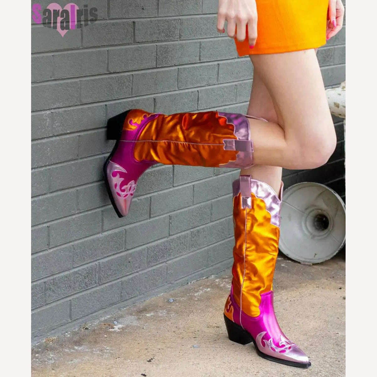 KIMLUD, Fashion Women Cowboy Boots For Women Chunky Heels Metal Colorful Cowgirl Western Mid Calf Boots Woman Vintage Shoes Plus Size, KIMLUD Womens Clothes
