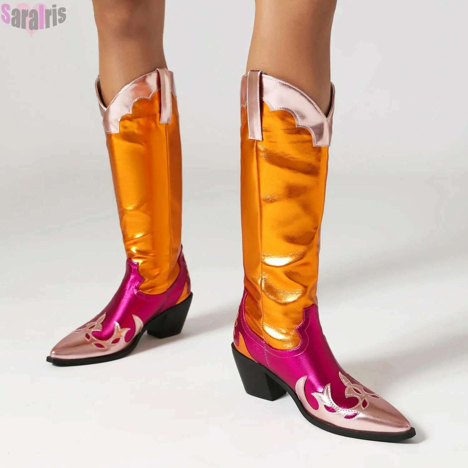 KIMLUD, Fashion Women Cowboy Boots For Women Chunky Heels Metal Colorful Cowgirl Western Mid Calf Boots Woman Vintage Shoes Plus Size, KIMLUD Womens Clothes