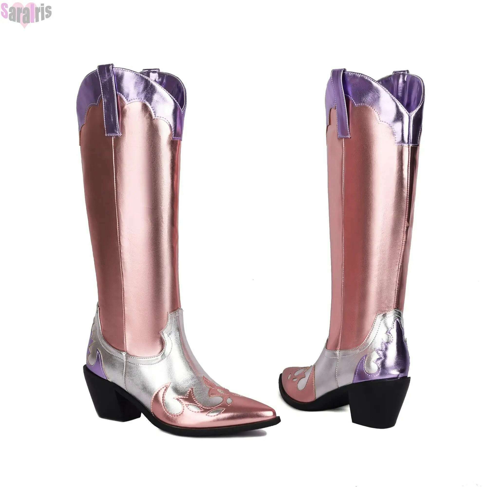 KIMLUD, Fashion Women Cowboy Boots For Women Chunky Heels Metal Colorful Cowgirl Western Mid Calf Boots Woman Vintage Shoes Plus Size, KIMLUD Womens Clothes
