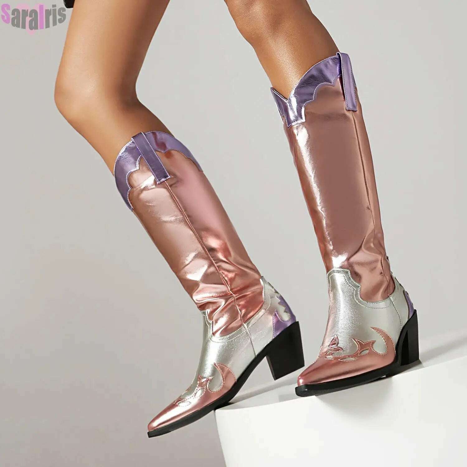 KIMLUD, Fashion Women Cowboy Boots For Women Chunky Heels Metal Colorful Cowgirl Western Mid Calf Boots Woman Vintage Shoes Plus Size, KIMLUD Womens Clothes