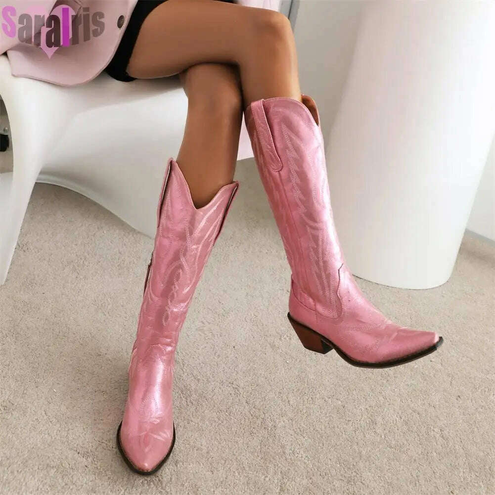 KIMLUD, Fashion Women Cowboy Boots For Women Chunky Heels Metal Colorful Cowgirl Western Mid Calf Boots Woman Vintage Shoes Plus Size, KIMLUD Womens Clothes