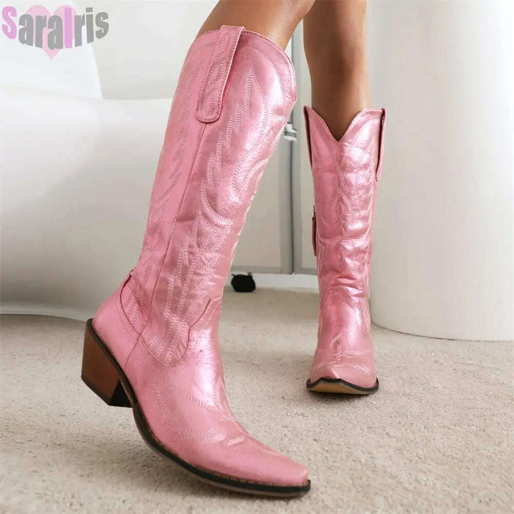 KIMLUD, Fashion Women Cowboy Boots For Women Chunky Heels Metal Colorful Cowgirl Western Mid Calf Boots Woman Vintage Shoes Plus Size, KIMLUD Womens Clothes