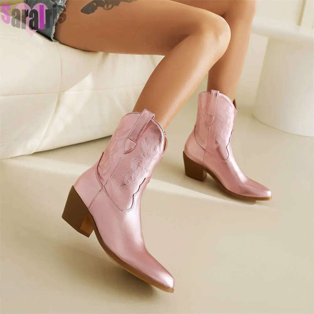 KIMLUD, Fashion Women Cowboy Boots For Women Chunky Heels Metal Colorful Cowgirl Western Mid Calf Boots Woman Vintage Shoes Plus Size, KIMLUD Womens Clothes