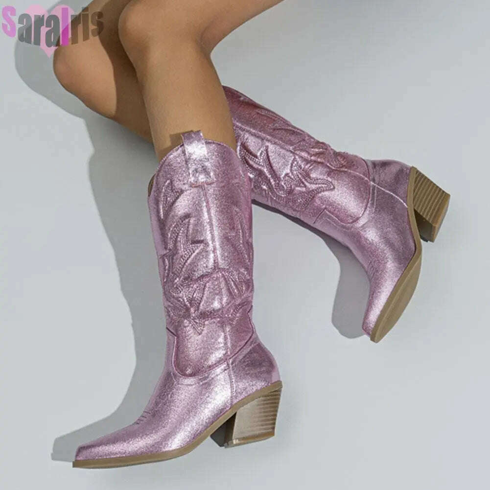 KIMLUD, Fashion Women Cowboy Boots For Women Chunky Heels Metal Colorful Cowgirl Western Mid Calf Boots Woman Vintage Shoes Plus Size, KIMLUD Womens Clothes