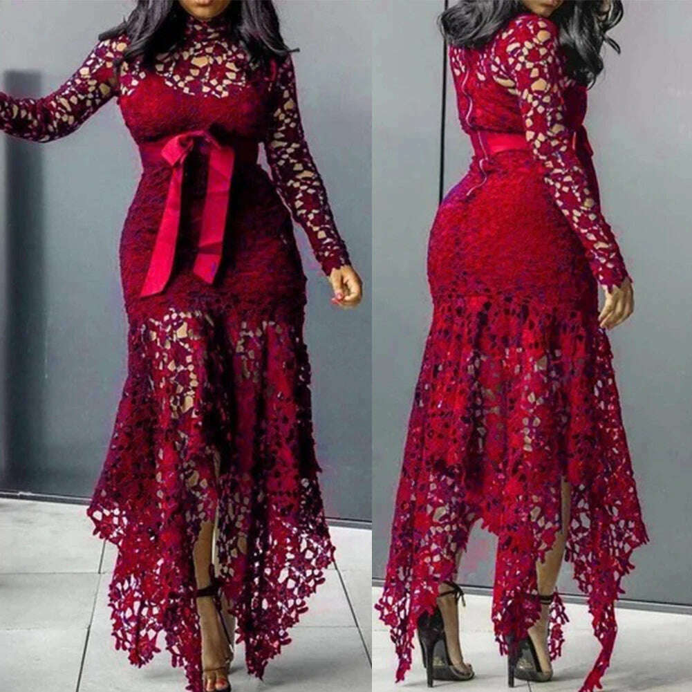Fashion Women Dress Long Sleeve Bow Belted Irregular Hem Hollow Lace Sexy Bodycon Long Dresses Office Formal Dresses - KIMLUD