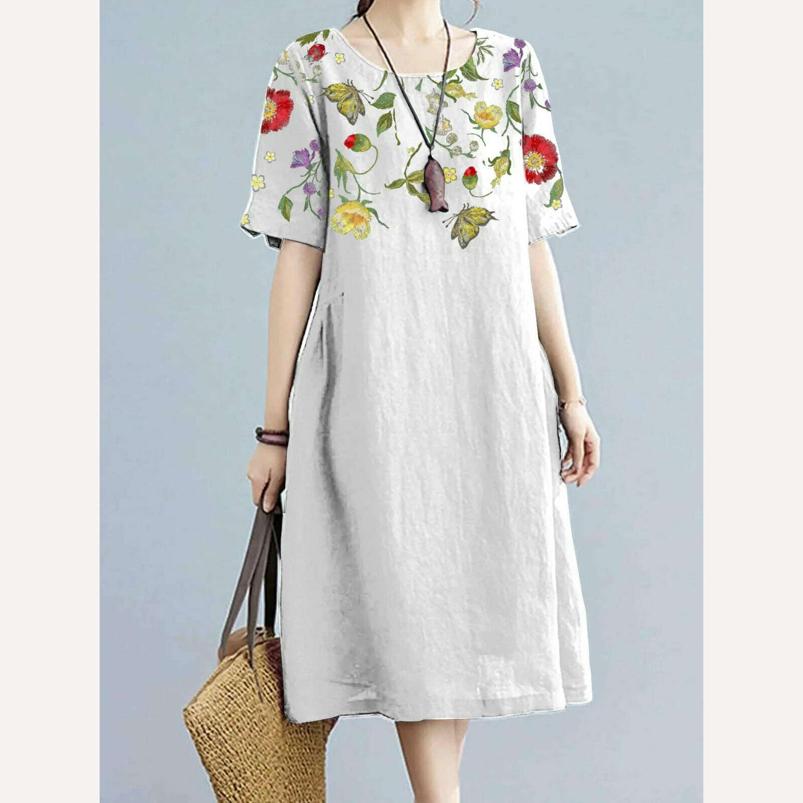 KIMLUD, Fashion Women Floral Print Dress Summer Short Sleeve Midi Dress Vestidos 2023 Elegant Casual Loose Dress Woman's Clothing, White / XXXL / CHINA, KIMLUD APPAREL - Womens Clothes