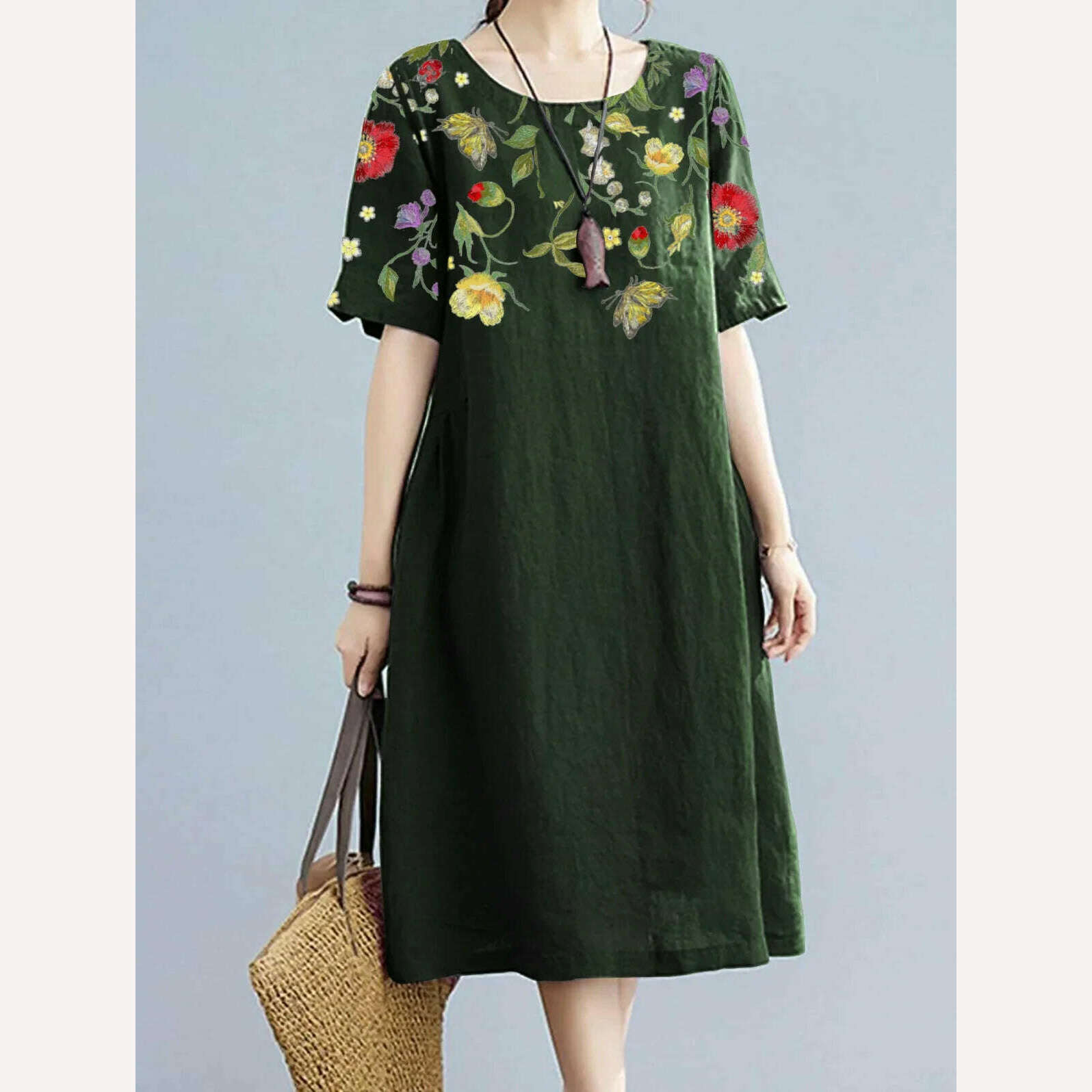 KIMLUD, Fashion Women Floral Print Dress Summer Short Sleeve Midi Dress Vestidos 2023 Elegant Casual Loose Dress Woman's Clothing, Dark Green / XXXL / CHINA, KIMLUD APPAREL - Womens Clothes