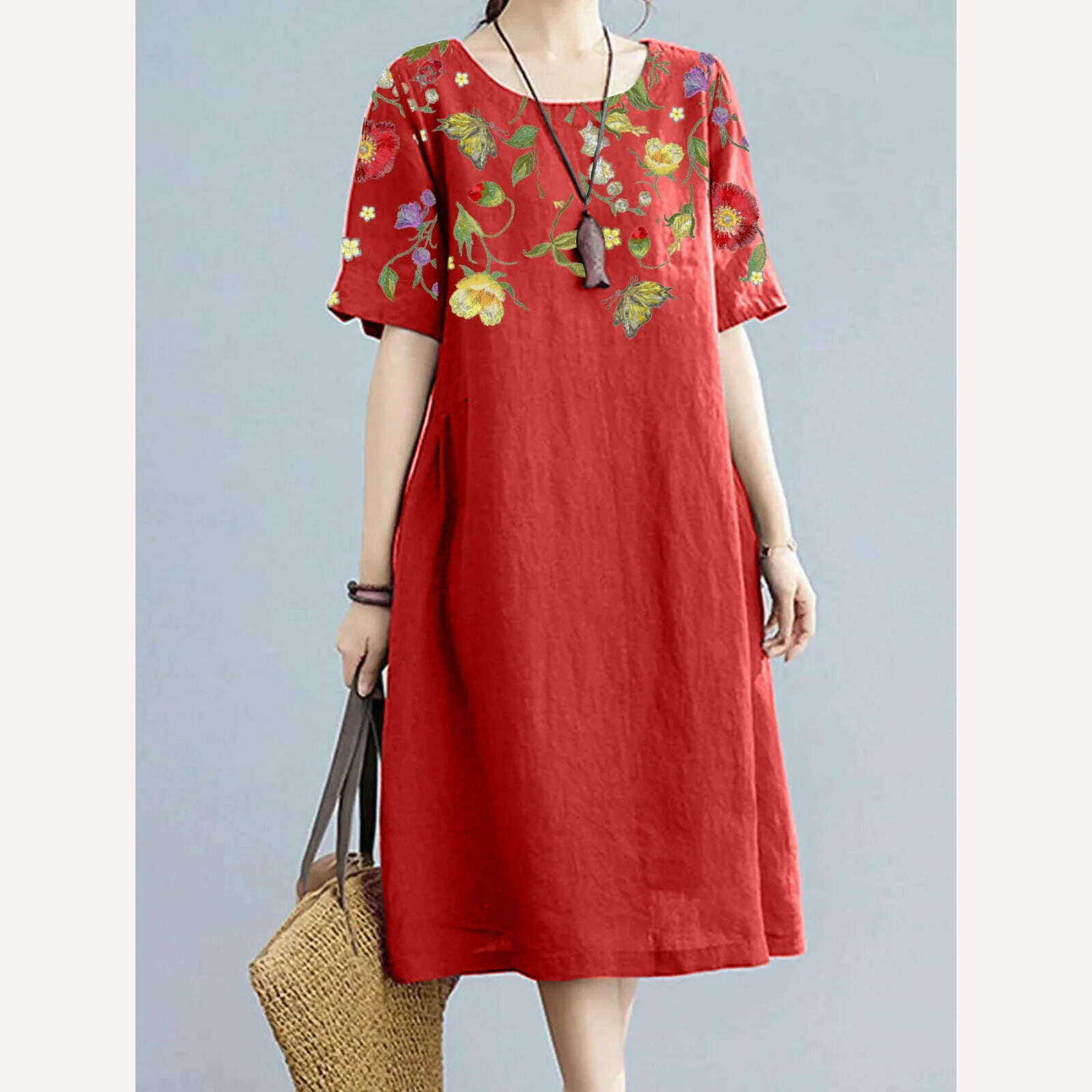KIMLUD, Fashion Women Floral Print Dress Summer Short Sleeve Midi Dress Vestidos 2023 Elegant Casual Loose Dress Woman's Clothing, Red / 5XL / CHINA, KIMLUD APPAREL - Womens Clothes
