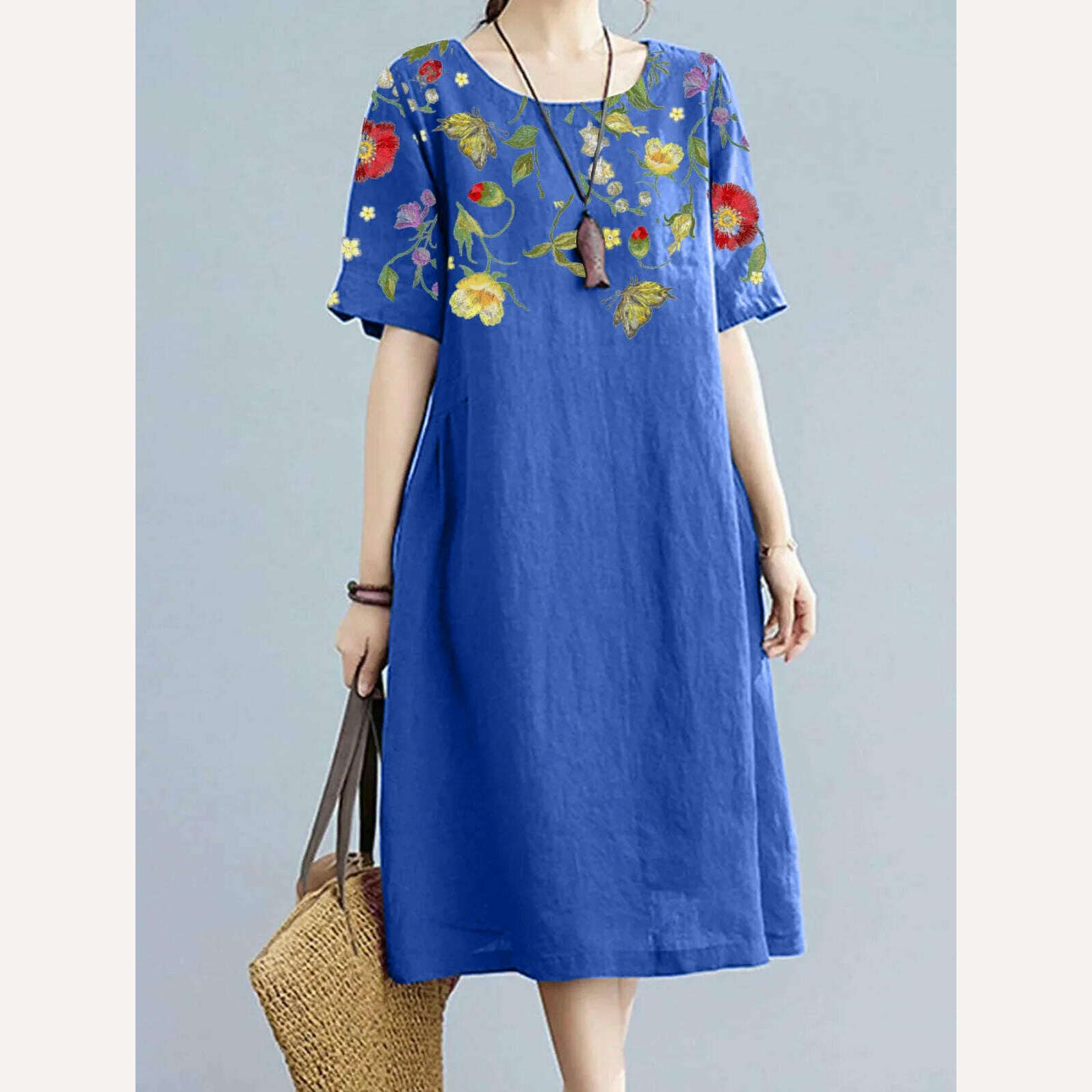 KIMLUD, Fashion Women Floral Print Dress Summer Short Sleeve Midi Dress Vestidos 2023 Elegant Casual Loose Dress Woman's Clothing, Blue / M / CHINA, KIMLUD APPAREL - Womens Clothes