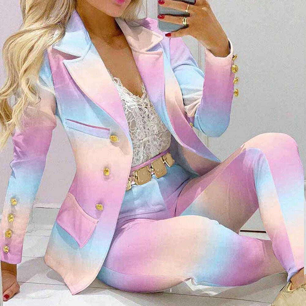 KIMLUD, Fashion Women Jacket + Pants 2 Piece Set Spring New Button Long Sleeve Turn-down Collar Print Suit Casual Blazer Versatile Set, Gradient / S, KIMLUD Women's Clothes