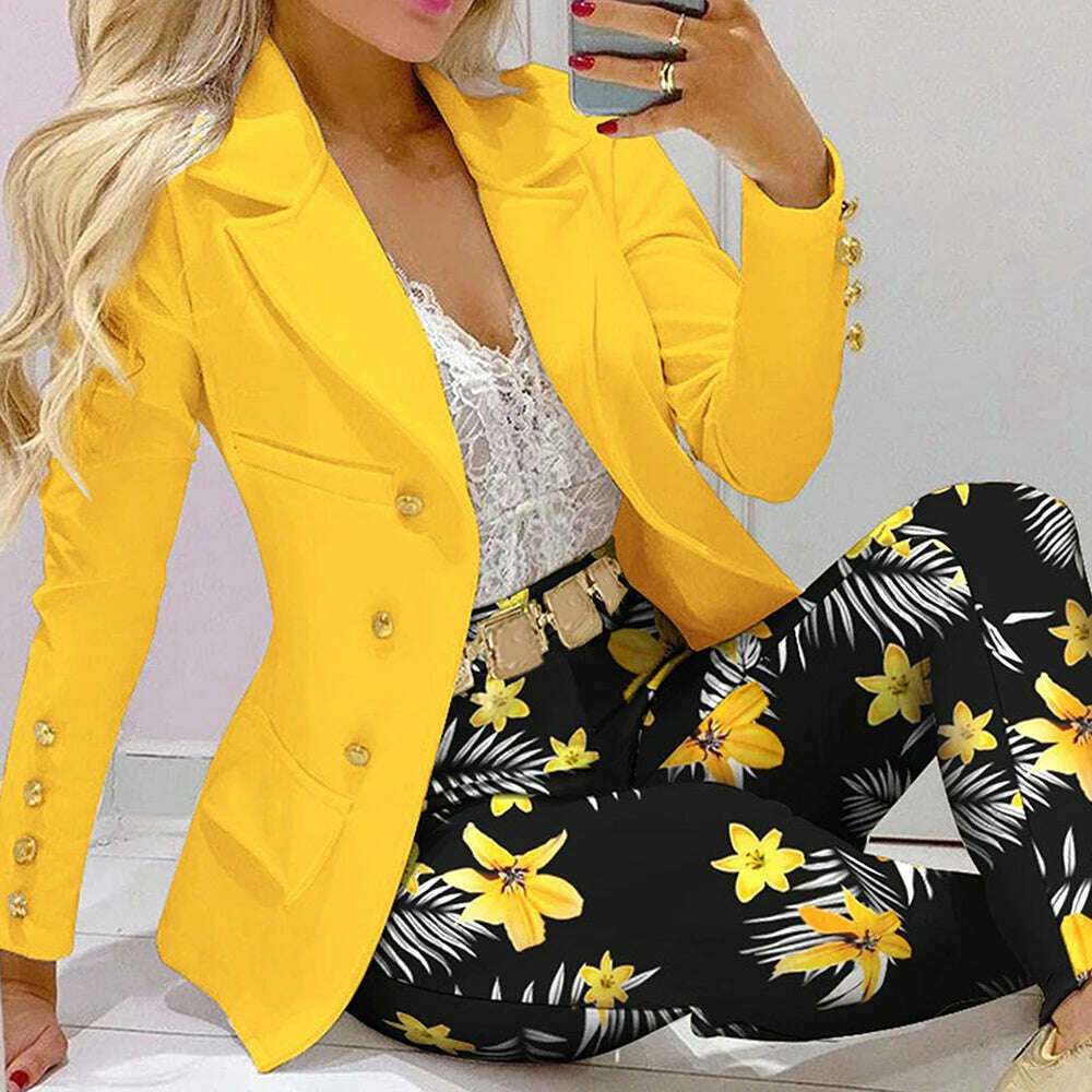 KIMLUD, Fashion Women Jacket + Pants 2 Piece Set Spring New Button Long Sleeve Turn-down Collar Print Suit Casual Blazer Versatile Set, KIMLUD Womens ClothesKIMLUD, Fashion Women Jacket + Pants 2 Piece Set Spring New Button Long Sleeve Turn-down Collar Print Suit Casual Blazer Versatile Set, Yellow / S, KIMLUD APPAREL - Womens Clothes