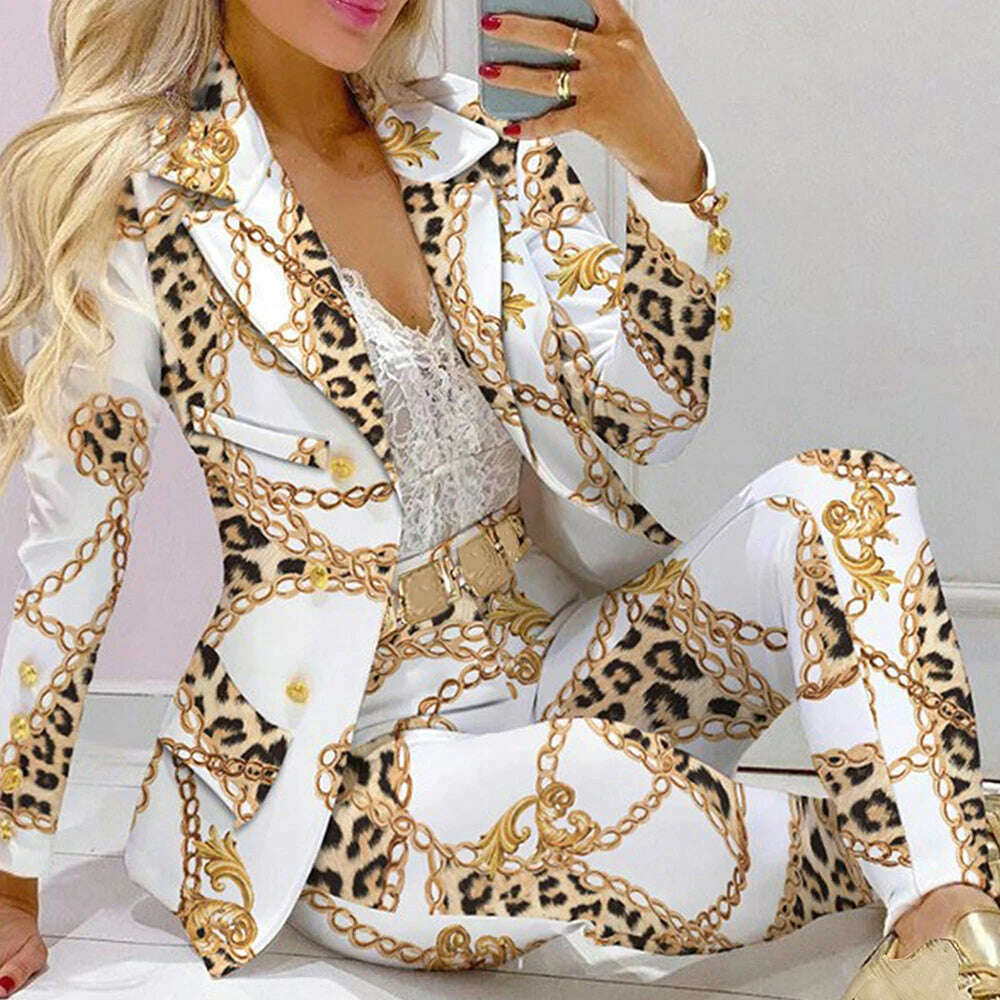 KIMLUD, Fashion Women Jacket + Pants 2 Piece Set Spring New Button Long Sleeve Turn-down Collar Print Suit Casual Blazer Versatile Set, White / S, KIMLUD Womens Clothes