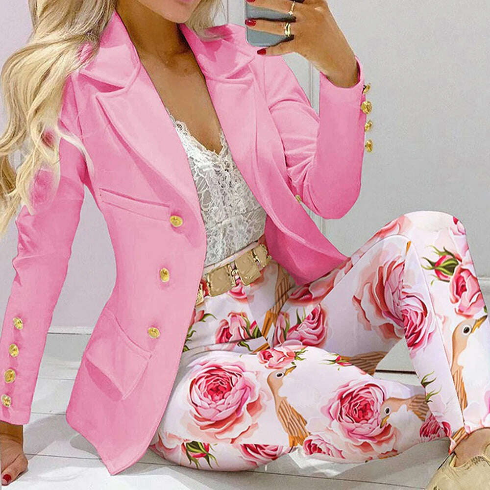 KIMLUD, Fashion Women Jacket + Pants 2 Piece Set Spring New Button Long Sleeve Turn-down Collar Print Suit Casual Blazer Versatile Set, Pink / S, KIMLUD Womens Clothes