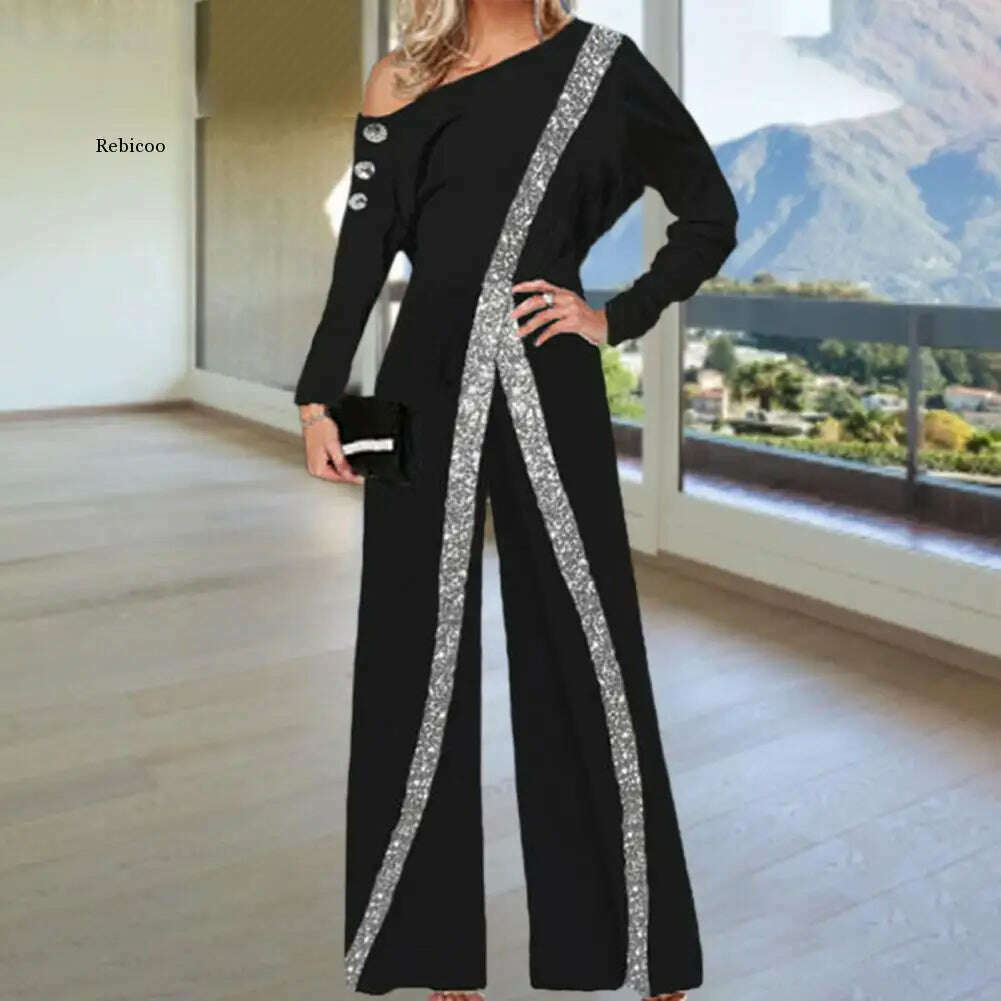 KIMLUD, Fashion Women Jumpsuit Loose Soft Texture Trendy Romper Decorative Striped Sequin Jumpsuit, KIMLUD Womens Clothes