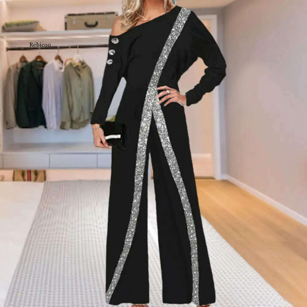 KIMLUD, Fashion Women Jumpsuit Loose Soft Texture Trendy Romper Decorative Striped Sequin Jumpsuit, KIMLUD Womens Clothes