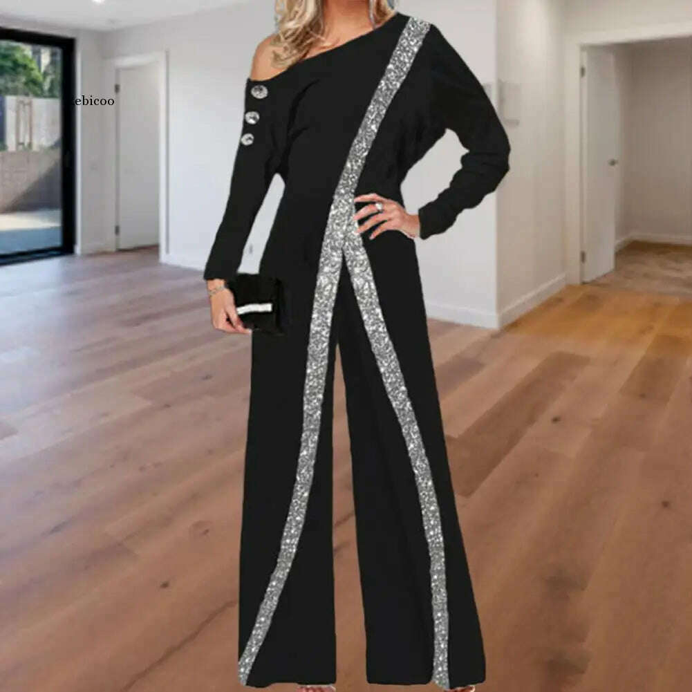 KIMLUD, Fashion Women Jumpsuit Loose Soft Texture Trendy Romper Decorative Striped Sequin Jumpsuit, KIMLUD Womens Clothes