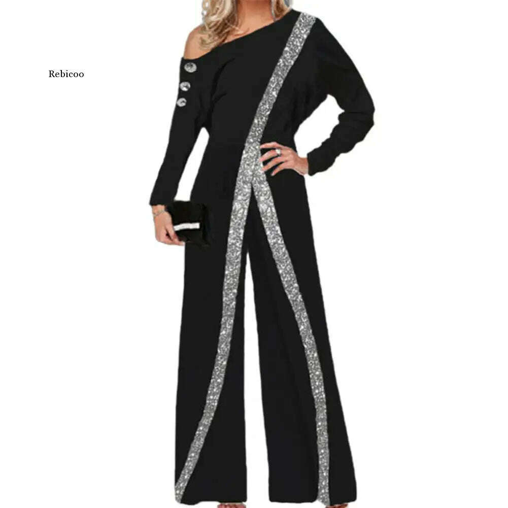 KIMLUD, Fashion Women Jumpsuit Loose Soft Texture Trendy Romper Decorative Striped Sequin Jumpsuit, KIMLUD Womens Clothes