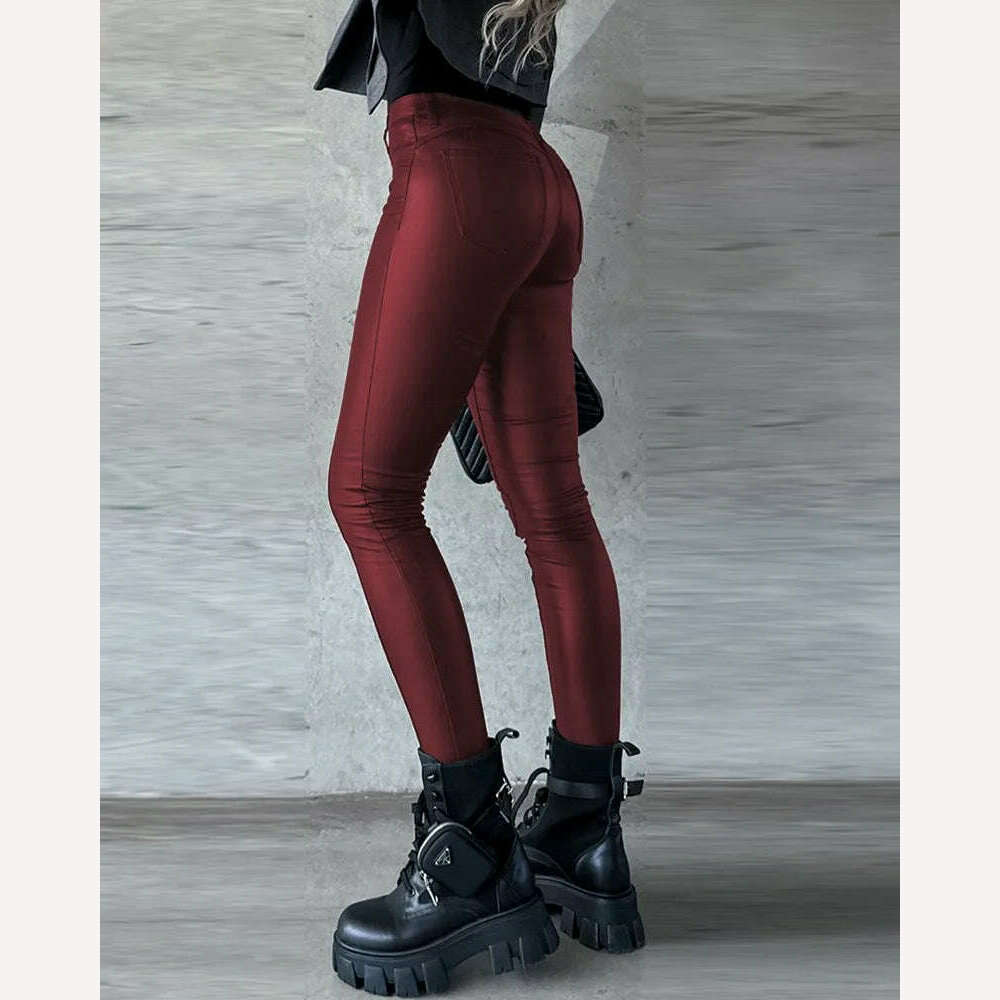 Fashion Women PU Long Pant High Waist Tight Casual Leather Pants Trend Nightclub Style Versatile Women's Bottoms - KIMLUD