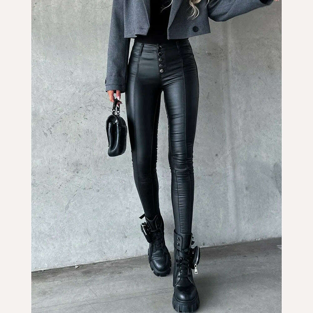 Fashion Women PU Long Pant High Waist Tight Casual Leather Pants Trend Nightclub Style Versatile Women's Bottoms - KIMLUD