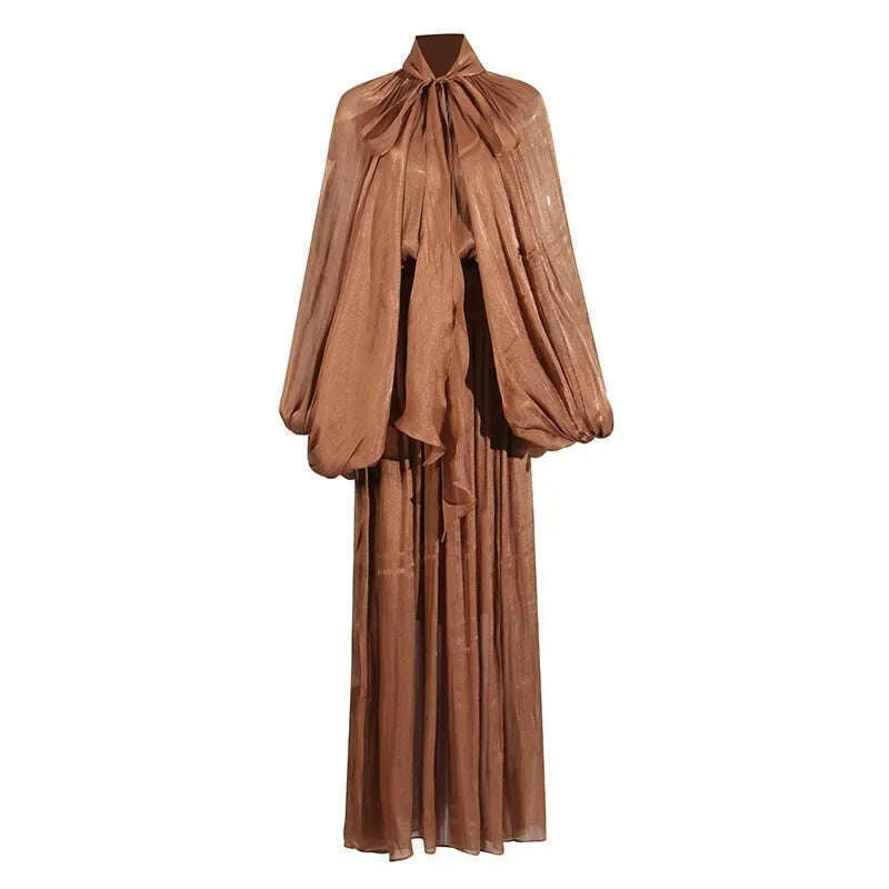 KIMLUD, Fashionable Slim Fit Batwing Sleeve Dress Summer New Design Cross-Border Long Skirt with Belt Stylish Dress for Women, XL / Brown, KIMLUD APPAREL - Womens Clothes