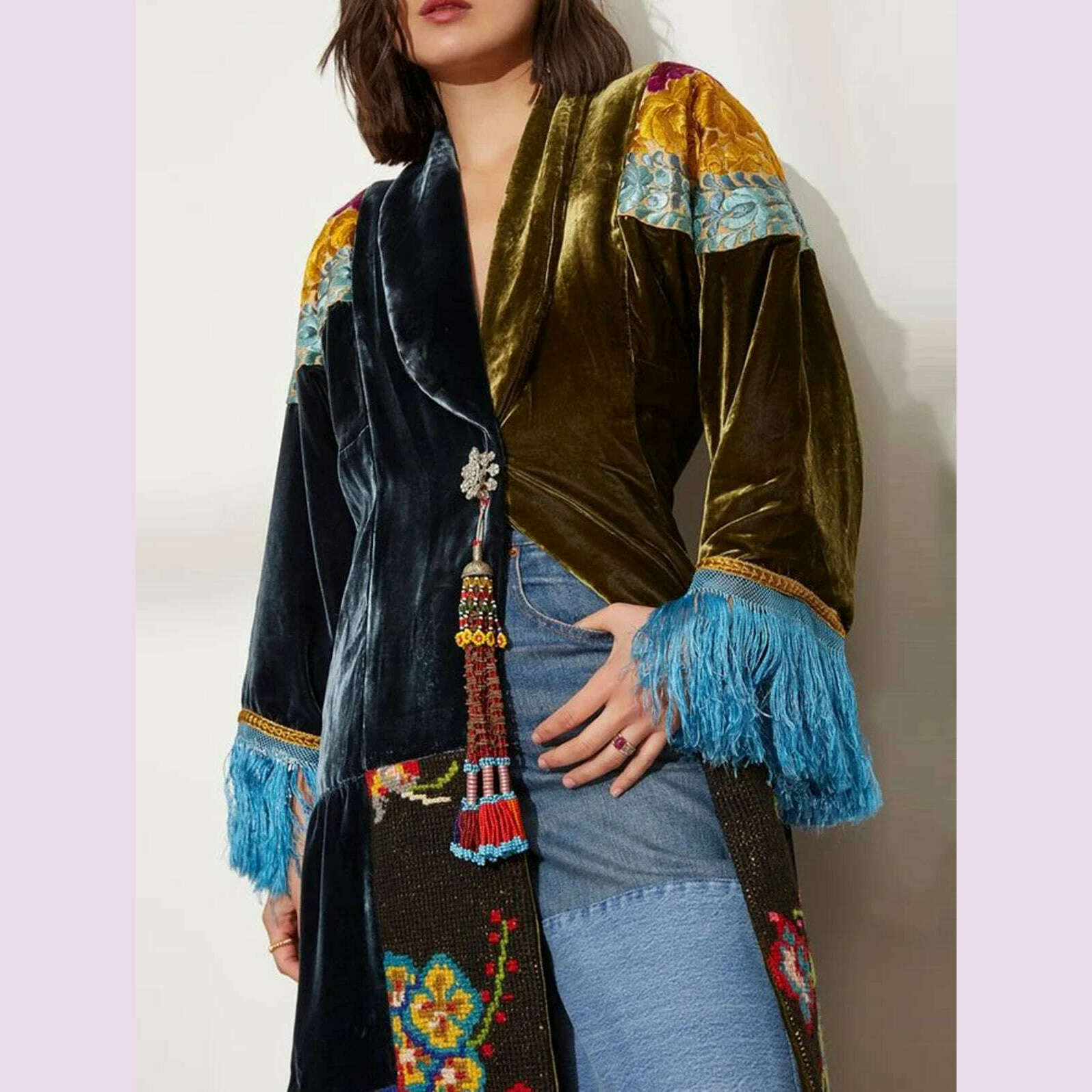 KIMLUD, Fashionable Women's Contrast Color Jacket Ethnic Pattern Print Patchwork Velvet Shawl Square Collar Tassel Long Sleeve Coat, Navy Blue / XXL, KIMLUD APPAREL - Womens Clothes