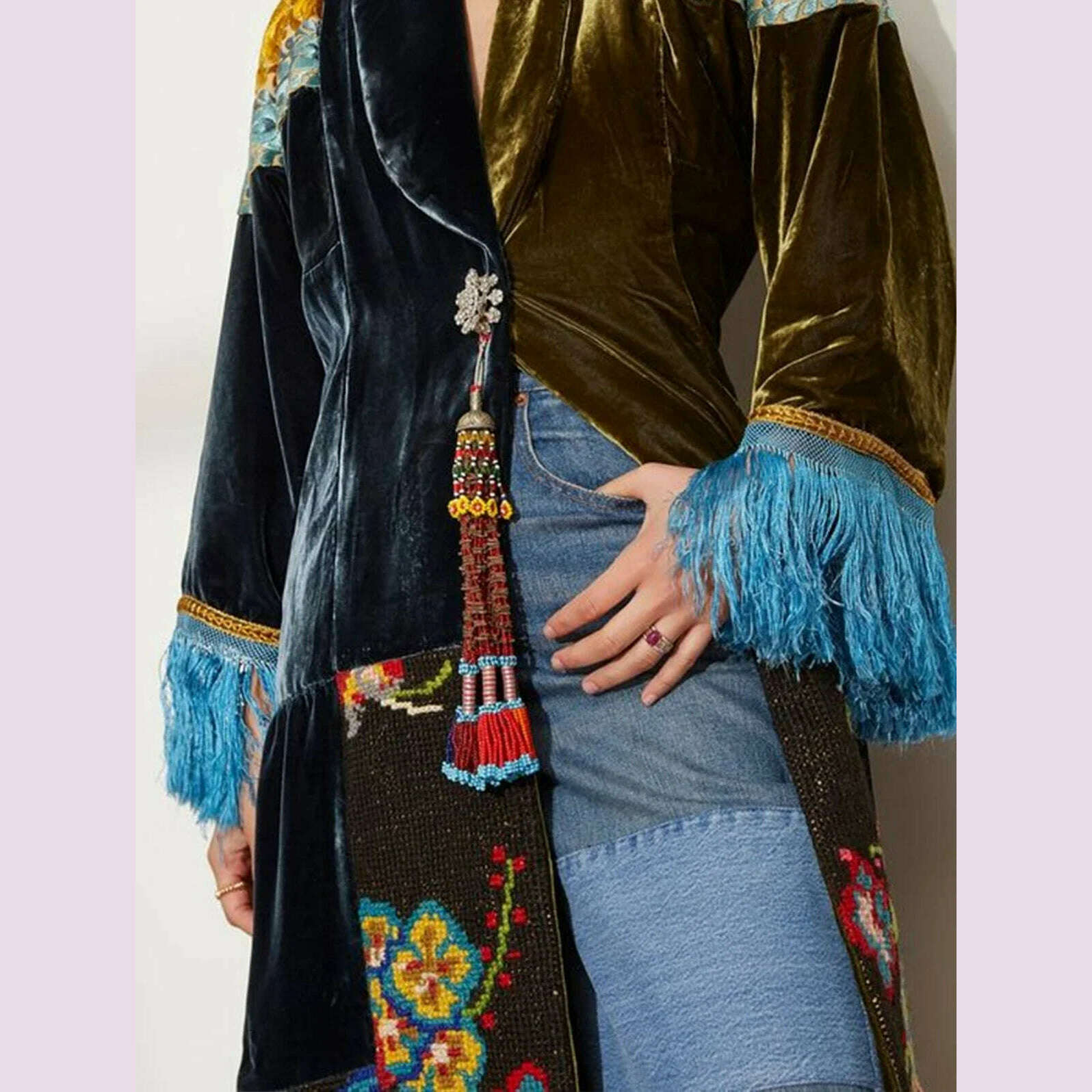 KIMLUD, Fashionable Women's Contrast Color Jacket Ethnic Pattern Print Patchwork Velvet Shawl Square Collar Tassel Long Sleeve Coat, KIMLUD Womens Clothes