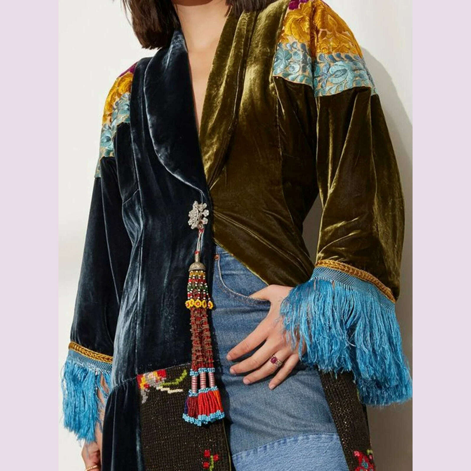 KIMLUD, Fashionable Women's Contrast Color Jacket Ethnic Pattern Print Patchwork Velvet Shawl Square Collar Tassel Long Sleeve Coat, KIMLUD Womens Clothes