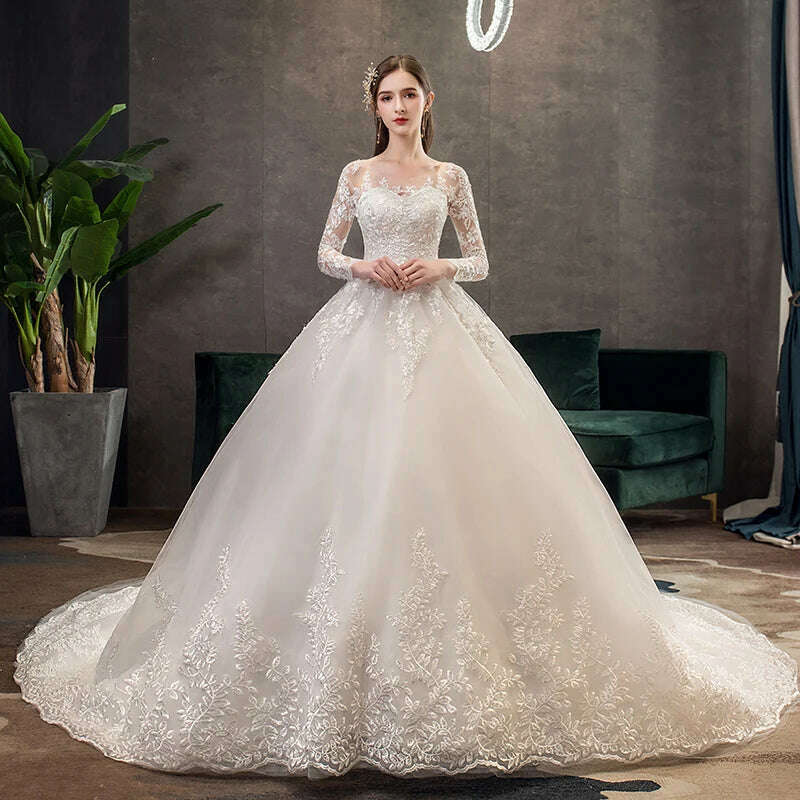 Fasthion Elegant Luxury Appliques Lace Pluse Size Wedding Dress Full  Sleeves Long Train Bride Gown Vestidos De Noiva