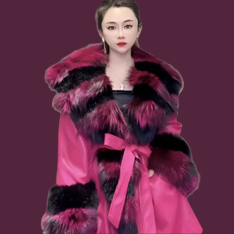 KIMLUD, Faux Fur Coat for Women,Adjustable Waist Jacket,England Style Covered Button PU Outwear,Fox Fur Collar, Autumn and Winter, KIMLUD Womens Clothes