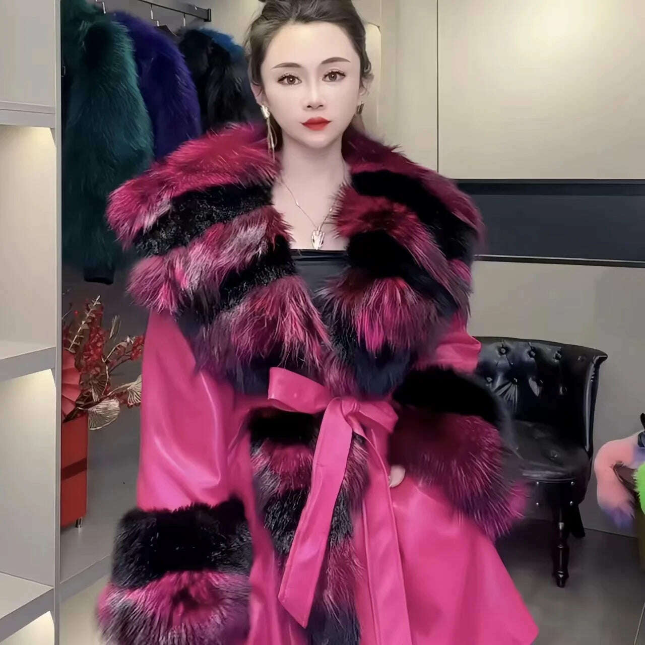 KIMLUD, Faux Fur Coat for Women,Adjustable Waist Jacket,England Style Covered Button PU Outwear,Fox Fur Collar, Autumn and Winter, Pink / M, KIMLUD APPAREL - Womens Clothes