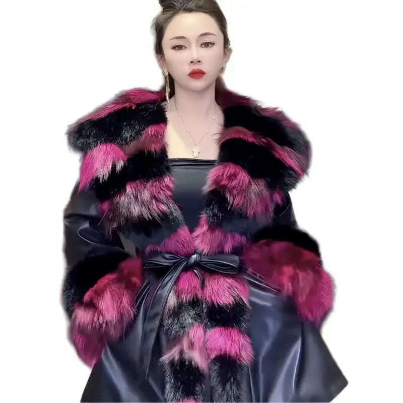 KIMLUD, Faux Fur Coat for Women,Adjustable Waist Jacket,England Style Covered Button PU Outwear,Fox Fur Collar, Autumn and Winter, KIMLUD Womens Clothes