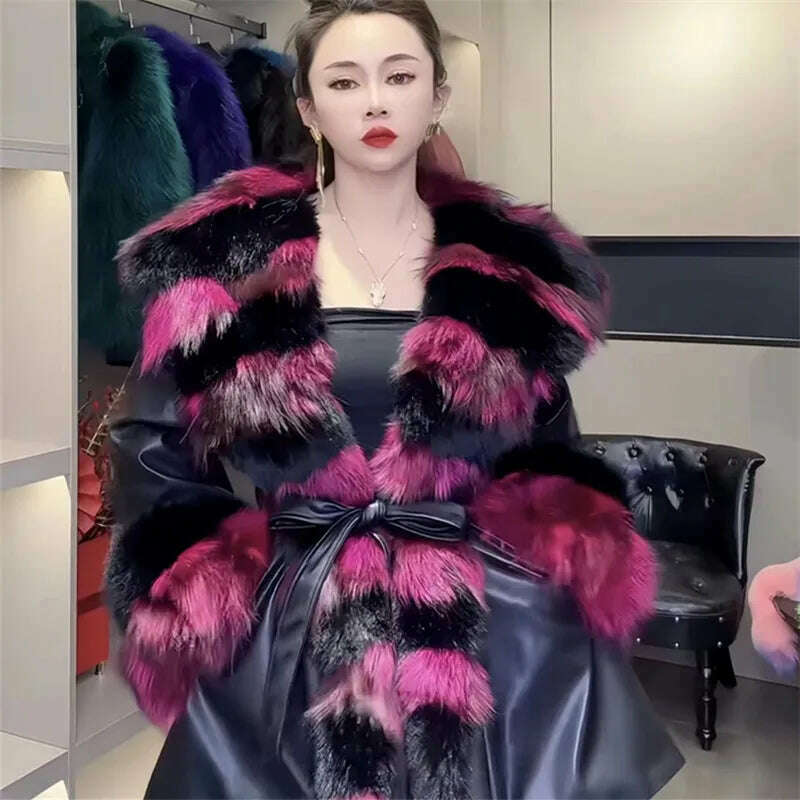 KIMLUD, Faux Fur Coat for Women,Adjustable Waist Jacket,England Style Covered Button PU Outwear,Fox Fur Collar, Autumn and Winter, black / M, KIMLUD APPAREL - Womens Clothes