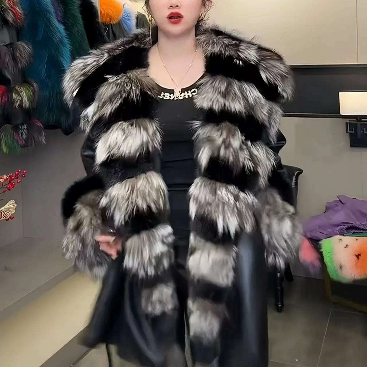 KIMLUD, Faux Fur Coat for Women,Adjustable Waist Jacket,England Style Covered Button PU Outwear,Fox Fur Collar, Autumn and Winter, KIMLUD Womens Clothes