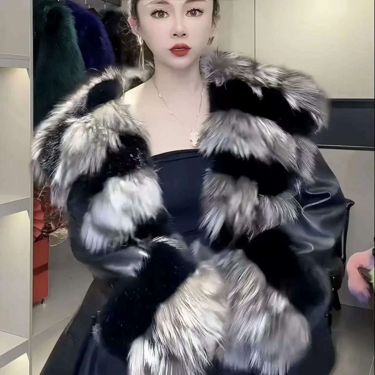 KIMLUD, Faux Fur Coat for Women,Adjustable Waist Jacket,England Style Covered Button PU Outwear,Fox Fur Collar, Autumn and Winter, GRAY / M, KIMLUD APPAREL - Womens Clothes