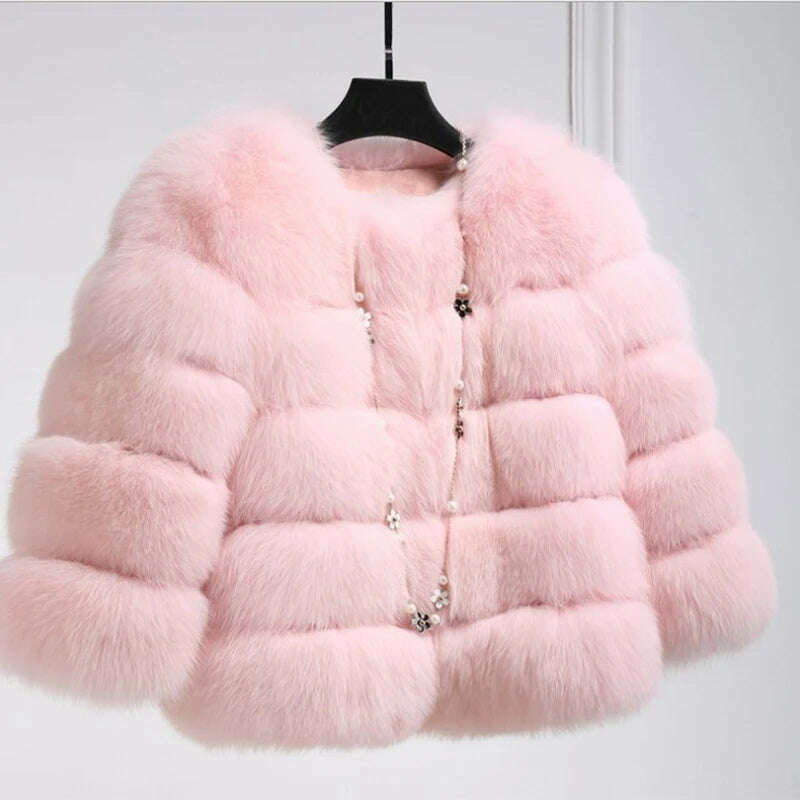 KIMLUD, Faux Fur Short Coat Women Cropped Long Sleeve Artificial Fox Fur Jacket Women Winter Fluffy Top Thick Warm Furry Fur Outwears, pink / M, KIMLUD APPAREL - Womens Clothes