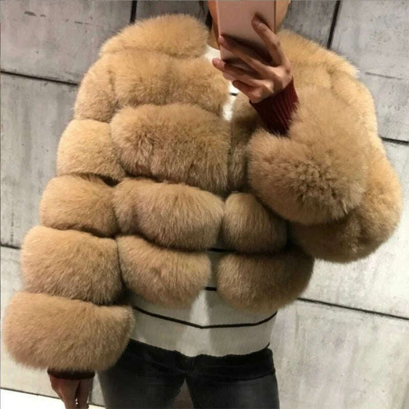 KIMLUD, Faux Fur Short Coat Women Cropped Long Sleeve Artificial Fox Fur Jacket Women Winter Fluffy Top Thick Warm Furry Fur Outwears, light khaki / S, KIMLUD APPAREL - Womens Clothes