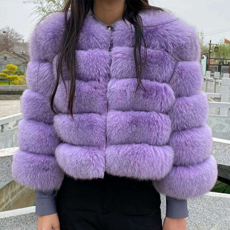 KIMLUD, Faux Fur Short Coat Women Cropped Long Sleeve Artificial Fox Fur Jacket Women Winter Fluffy Top Thick Warm Furry Fur Outwears, Light purple / L, KIMLUD APPAREL - Womens Clothes