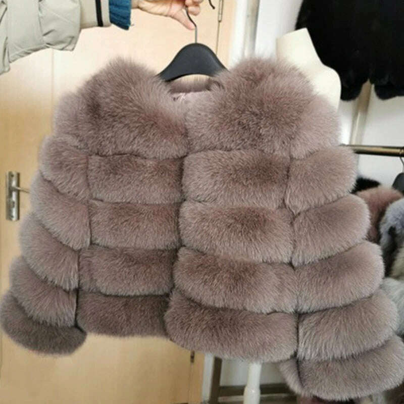 KIMLUD, Faux Fur Short Coat Women Cropped Long Sleeve Artificial Fox Fur Jacket Women Winter Fluffy Top Thick Warm Furry Fur Outwears, khaki / S, KIMLUD APPAREL - Womens Clothes
