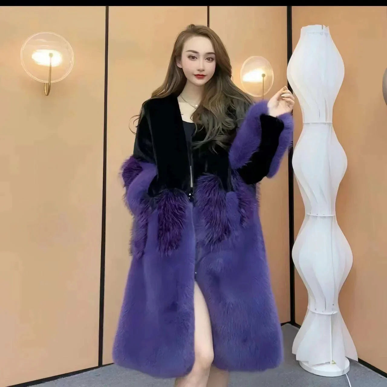 KIMLUD, Faux Mink Fur Coat for Women, Loose and Long, Spliced Single Contrasting Overcoat, Vintage Warm Jacket, Female Tops, New, Winte, KIMLUD Womens Clothes