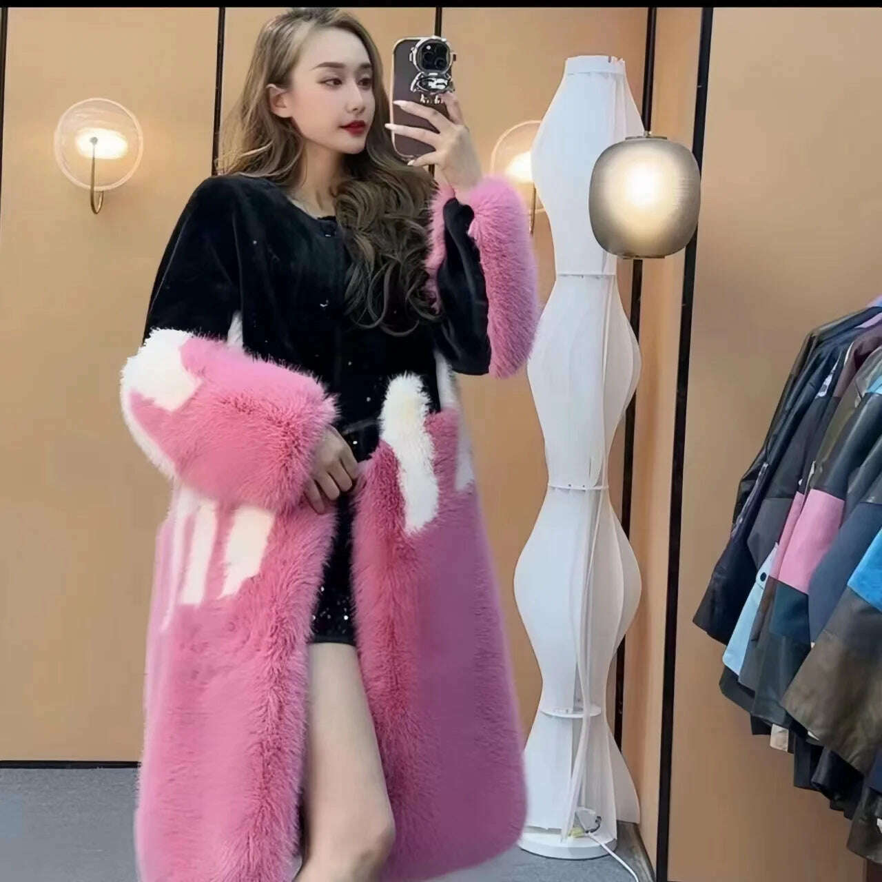 KIMLUD, Faux Mink Fur Coat for Women, Loose and Long, Spliced Single Contrasting Overcoat, Vintage Warm Jacket, Female Tops, New, Winte, Pink / One Size, KIMLUD APPAREL - Womens Clothes