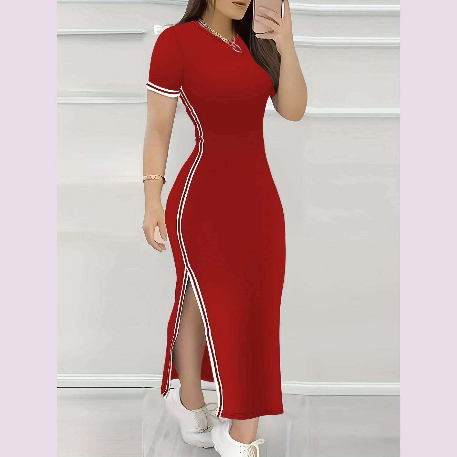 contrast-trim-split-hem-bodycon-dress-elegant-crew-neck-short-sleeve-dress-for-spring-summer-womens-clothingkimlud-womens-fashion-34625801