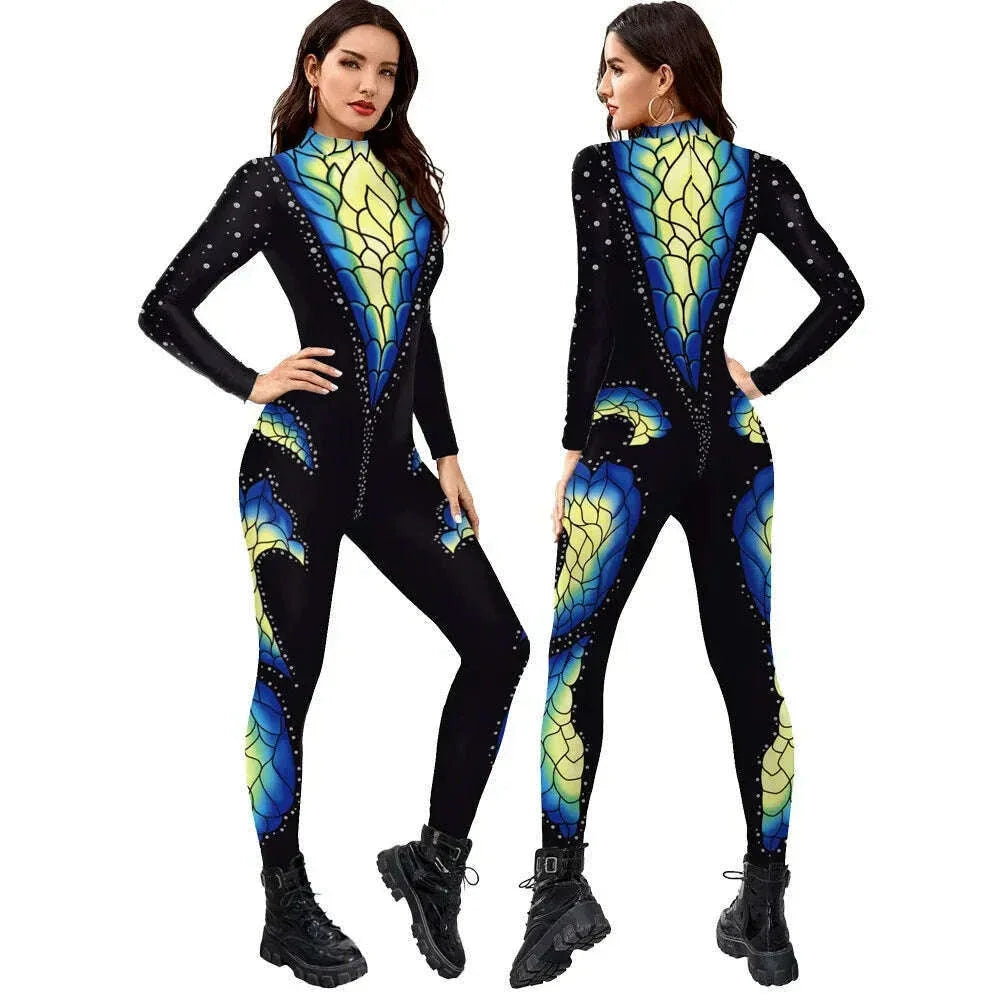 KIMLUD, FCCEXIO Crocodile Skin 3D Printed Holiday Party Women Jumpsuits New Fashion Jumpsuit Wear Cosplay Costume Catsuit Bodysuit, KIMLUD Womens Clothes