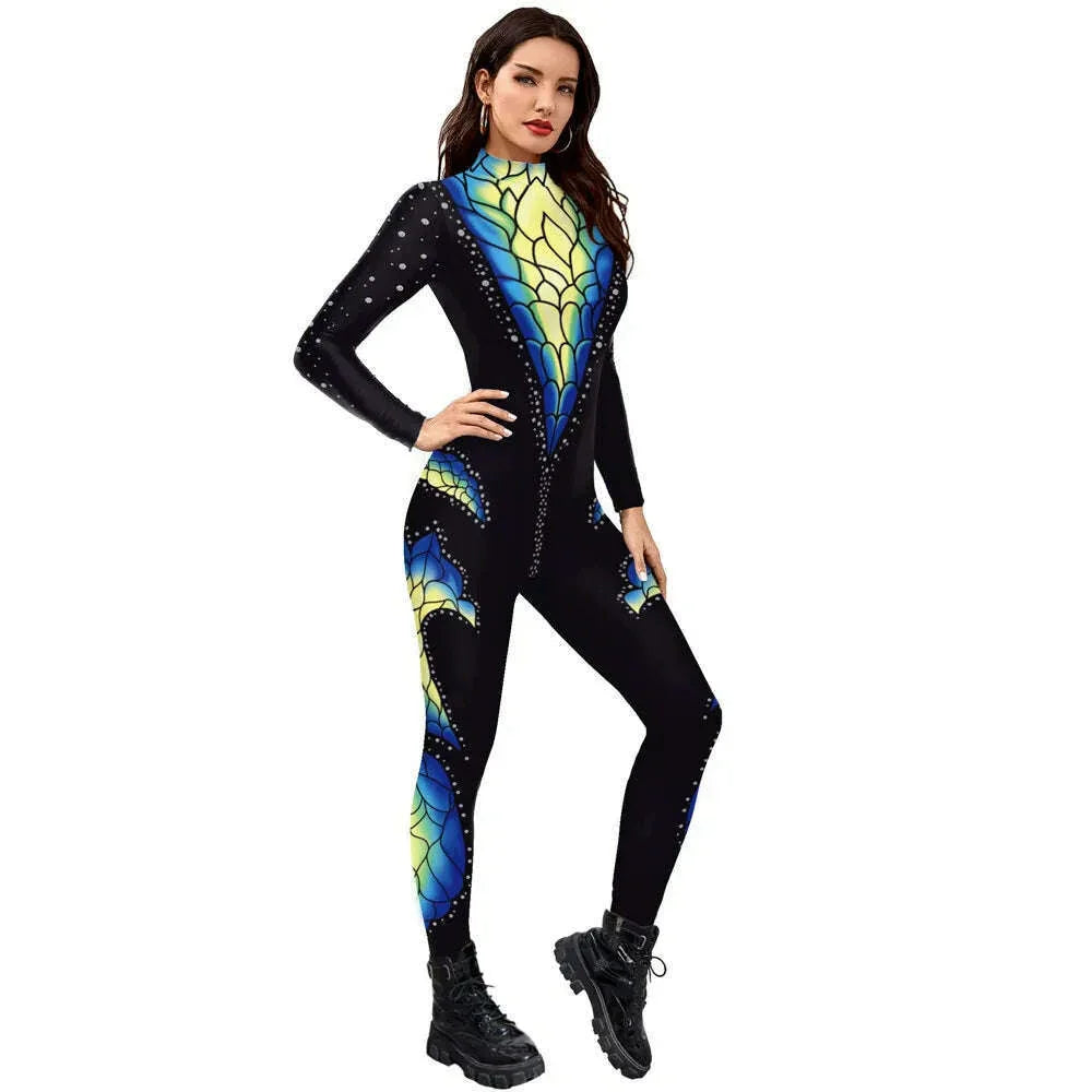 KIMLUD, FCCEXIO Crocodile Skin 3D Printed Holiday Party Women Jumpsuits New Fashion Jumpsuit Wear Cosplay Costume Catsuit Bodysuit, KIMLUD Womens Clothes