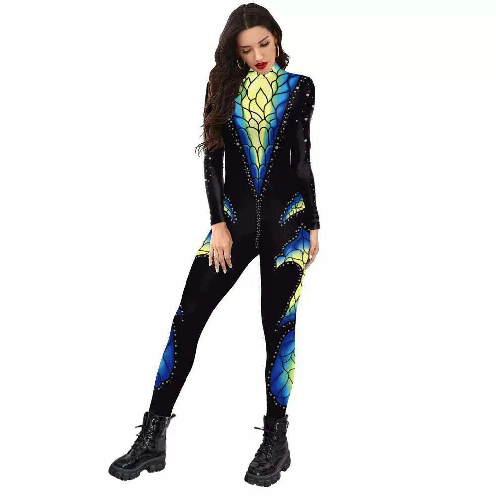 KIMLUD, FCCEXIO Crocodile Skin 3D Printed Holiday Party Women Jumpsuits New Fashion Jumpsuit Wear Cosplay Costume Catsuit Bodysuit, KIMLUD Womens Clothes