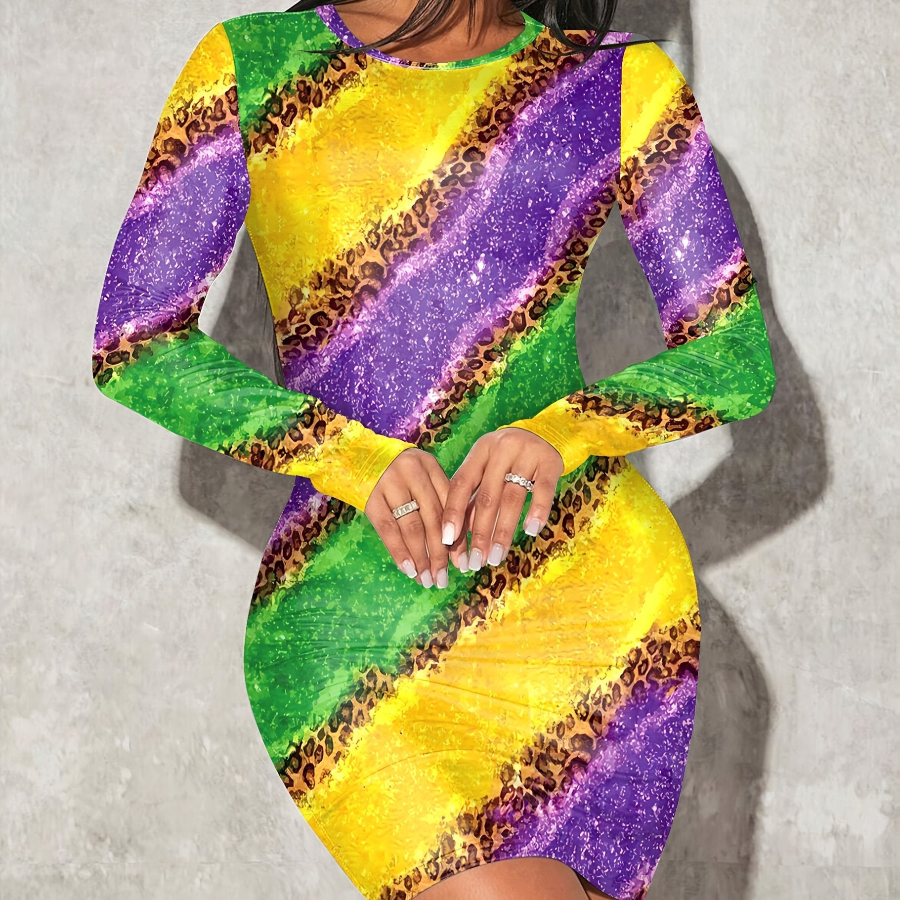 Women'S Fashion Leopard Print Bodycon Dress, Color Block Knit Fabric, Scoop Neck, Polyester 89% Elastane 11%, Fall/Winter Collection, 230g/m²