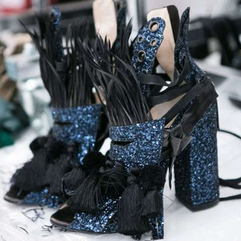 KIMLUD, Feather Fur Tassel Decor Ankle Boots Sequins Patched Ladies Peep Toe Chunk Heels Dress Lace Up Booties Shoes, blue / 4.5, KIMLUD APPAREL - Womens Clothes