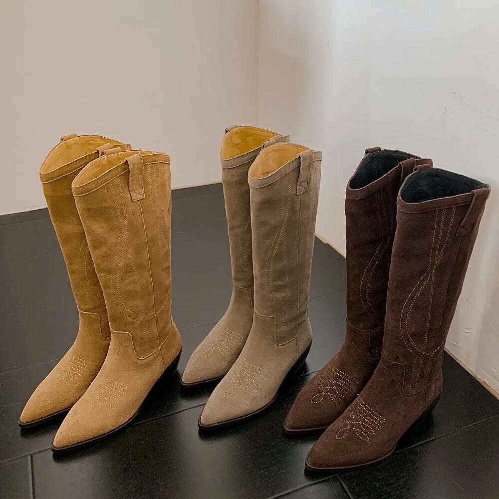KIMLUD, FEDONAS Popular Western Women Knee-High Boots Cow Suede Leather High Quality Shoes Woman Pointed Toe Office Lady Autumn Winter, KIMLUD Womens Clothes